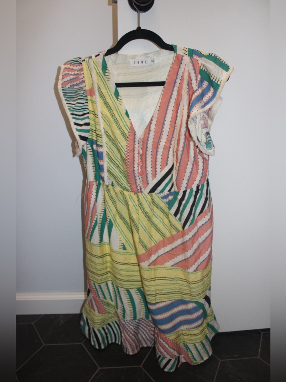 THML Multicolor Mixed Media Striped Patchwork V-Neck Flutter Sleeve Dress